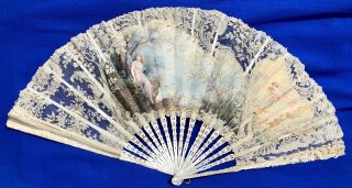Antique Victorian French Figural Gold Gilt Fan Carved Mother Of Pearl Cherub