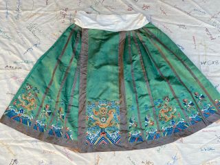 Antique Qing Chinese Gold Dragon Embroidered Skirt Green Silk Birds Forbidden