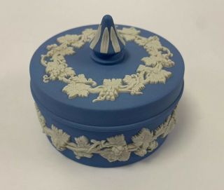 Wedgwood Cream On Blue Jasperware Grapevine 3 " Covered Trinket/dresser Box