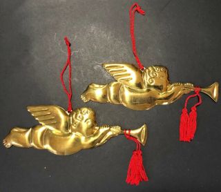 Vintage Flat Brass Metal Angel Cherub Trumpets Christmas Tree Ornaments Dept 56
