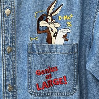 Vintage Warner Bros Looney Tunes Wile E Coyote Mens Large Blue Denim Shirt