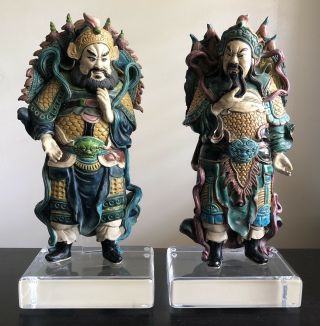 Antique Pair Chinese Sancai Pottery Roof Tile Warriors Statues Art Lucite Base