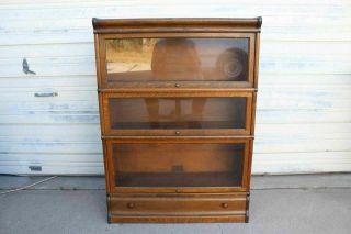 Antique Quarter Oak Globe Wernicke 3 Stack Lawyer Barrister Bookcase With Drawer