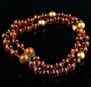 Fine Quality Antique Chinese Cherry Amber & Gold Gilt Silver Beaded Necklace