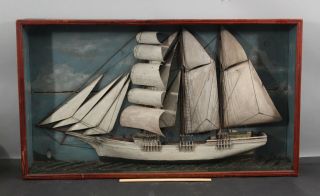 19thc Antique Maritime Folk Art,  Barquetine Sailing Ship Diorama,  Wood Sails
