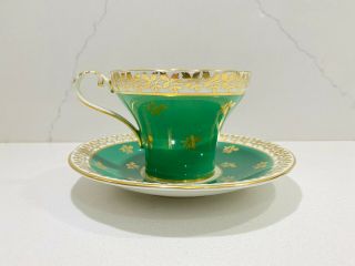 Vintage Aynsley Tea Cup & Saucer Set Green Gold English Fine Bone China