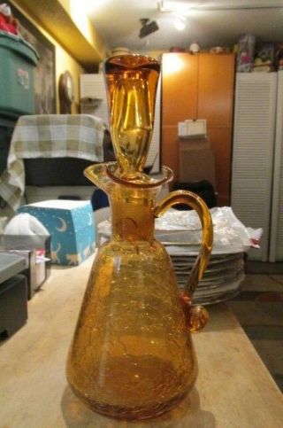Vintage Hand Blown Amber Crackle Glass Pitcher/carafe With Glass Stopper