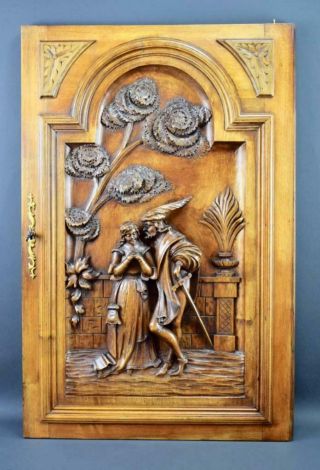 French Antique Hand Carved Wood Romantic Sculpture Wall Panel Door