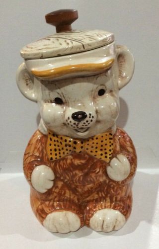 Vintage Treasure Craft Teddy Bear Ceramic Cookie Jar Wood Knob Canister.