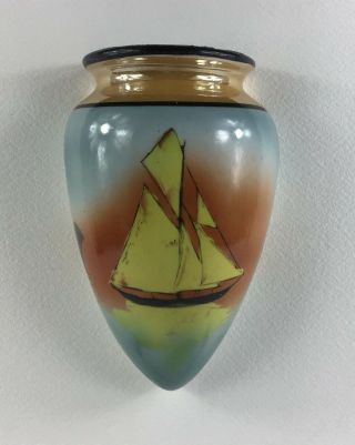 Vintage Lusterware Wall Pocket Hand Painted Yellow Sail Boat On Orange & Blue 6”