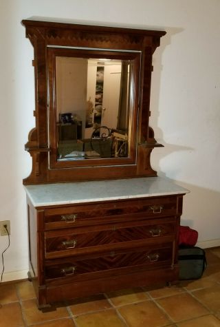 Antique American Victorian Eastlake 3 Drawer Dresser With Mirror