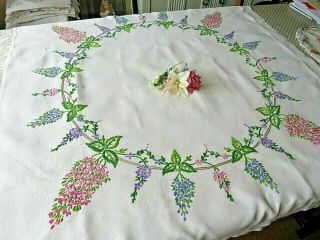 Vintage Hand Embroidered Tablecloth=exquisite Circle Of Pink & Blue Blossom
