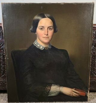 Antique Oil Portrait Painting American Woman Joseph Haskell Victorian Lady 1800s