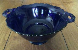 Vintage Cobalt Blue Footed Glass Bowl W/handles And Scalloped Edge - Exc