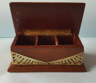 Vintage Treen 3 - Section Postage Stamp Box With Brass Decoration