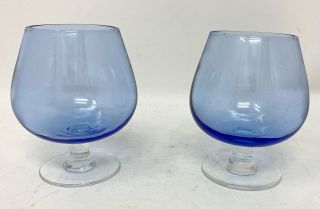 Vintage 1970s Pair (2) Of Small Brandy Snifter Glasses Clear Blue 3 " Tall Tiny