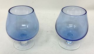 Vintage 1970s Pair (2) Of Small Brandy Snifter Glasses Clear Blue 3 