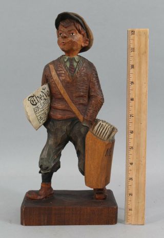 Antique Early 20thc Carved Wood,  Clockworks,  Automaton Whistling Newspaper Boy