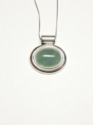 Vintage Fas 925 Sterling Silver Oval Green Stone Chrysoprase ? Pendant Necklace