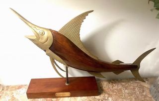 Vintage Mid Century Modern Frederick Cooper? Brass & Wood Marlin Sculpture Large