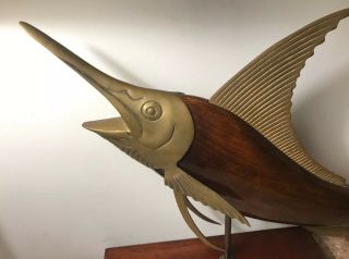 Vintage Mid Century Modern Frederick Cooper? Brass & Wood Marlin Sculpture Large 2