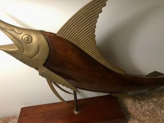 Vintage Mid Century Modern Frederick Cooper? Brass & Wood Marlin Sculpture Large 3