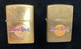 2 Zippo Lighters.  Hard Rock Cafe.  Sydney And St.  Louis .  Brass Color.  W3