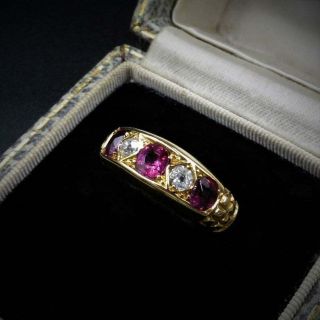 Antique Ruby And Diamond 18k Yellow Gold Five Stone Boat Ring Chester 1904