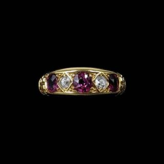 Antique Ruby and Diamond 18K Yellow Gold Five Stone Boat Ring Chester 1904 2