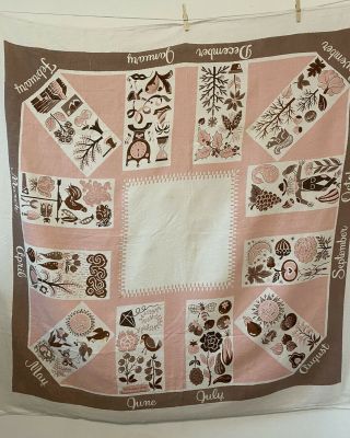 Vtg Hardy Craft Rare Mid Century Linen Fabric Tablecloth Pink Brown 50” Sq