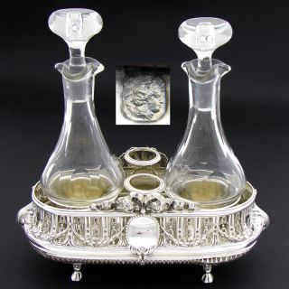 Antique French Empire Napoleon Iii Era Sterling Silver Oil & Vinegar Cruet Stand