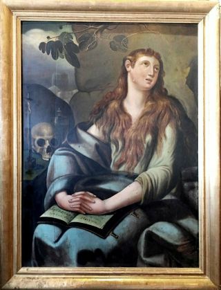 Antique Baroque Oil Painting On Wood With Frame " Portrait Of Magdalene " 1600