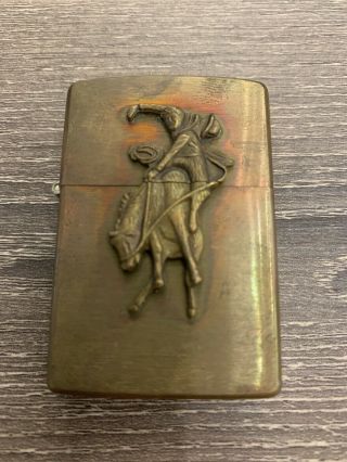 Vintage Marlboro Cigarettes Brass Zippo Lighter Cowboy Bucking Horse Rodeo