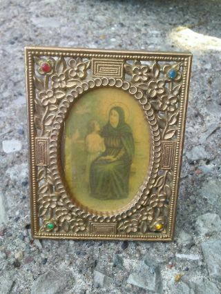Vintage Rhinestone 3.  25 " X 2.  5 " Frame With Print Of Virgin Mary And Child.