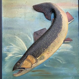 Antique Vintage C.  1940s Fish Plaque Carved Wood Trout Trophy Duck Decoy Lure Era