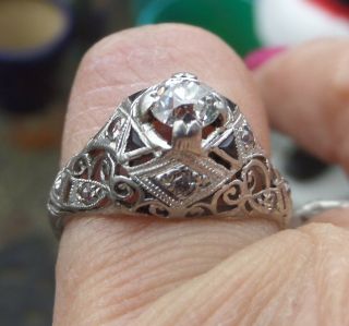Antique Art Deco Platinum Diamond Ring Old European Cut