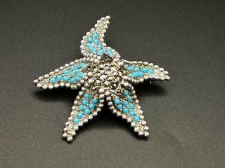 Vintage Art Deco German Silver Turquoise Marcasite Figural Sea Star Fish Brooch
