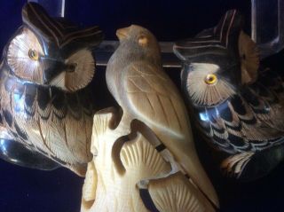 Vintage 2 Owl 1 Bird Folk Art Animal Figures Sculptures Carved Horn
