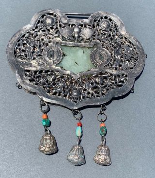 Very Large Antique Chinese Silver Lock With Jade
