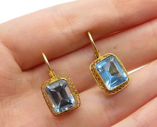 925 Silver - Vintage Blue Topaz Gold Plated French Back Drop Earrings - E8734