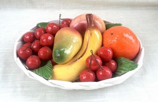 Vintage Hand Made/painted Woven Ceramic Bowl With Fruit - Italy