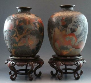 Pr Antique Japanese Tree Bark Totai Shippo Ceramic Cloisonne Vases W/ Stands