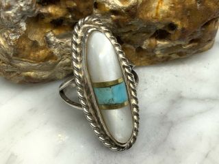 Vintage Native American Sterling Silver Turquoise Mother Of Pearl Ring (size 7)