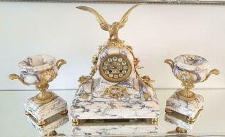 Quality French Antique Mantle Clock Set 8 Day Bell Striking Marble 3 Piece Set