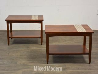 Walnut & Tile Mid Century Modern End Tables By Lane - A Pair