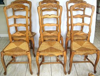 Antique Dining Chairs 6 French Ladder Back Shell Carved Rush Seats Cabriole Legs