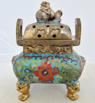 5.  75 " Chinese Thick Bronze ? & Famille Rose Cloisonne Censer W/ Foo Dogs & Ming
