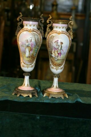 Stunning French Sevres Hand Painted Porc.  Urns,  Gilded Bronze,  19c.