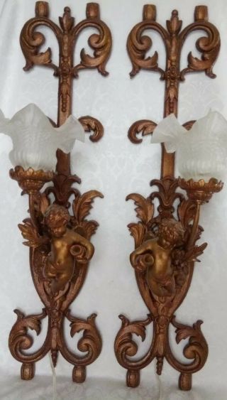 Antique Gilt Bronze Cast Cherub Cupid Sconces Light Art Nouveau Roses & Ribbon