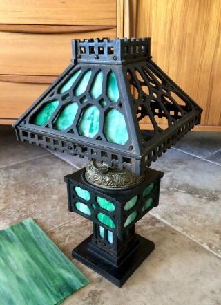 Antique B & H Bradley Hubbard Oil Table Lamp W/ Green Slag Glass
